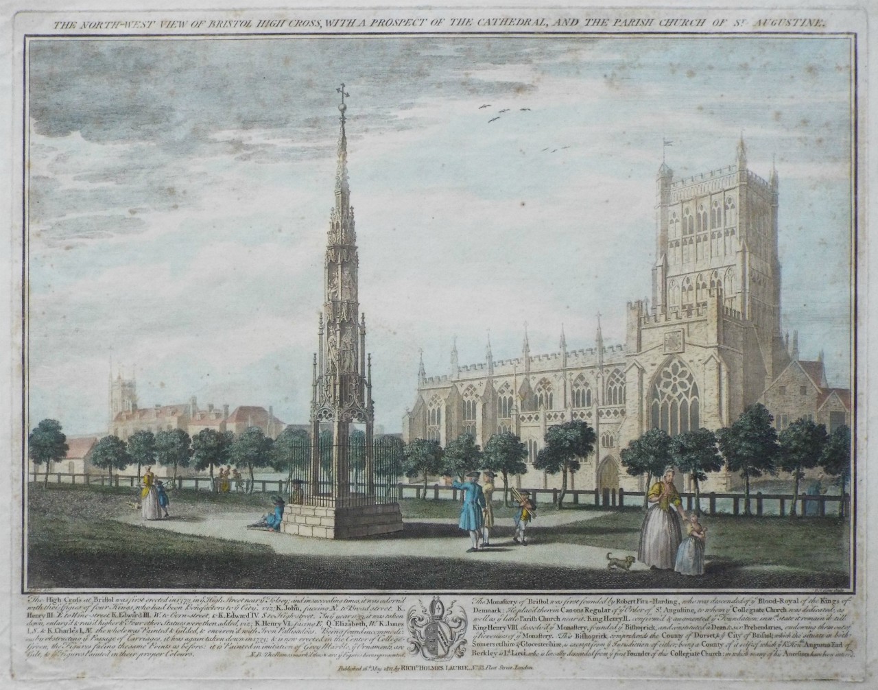 Print - The North-West View of Bristol High Cross, with a Prospect of the Cathedral, and the Parish Church of St. Augustine. - Toms